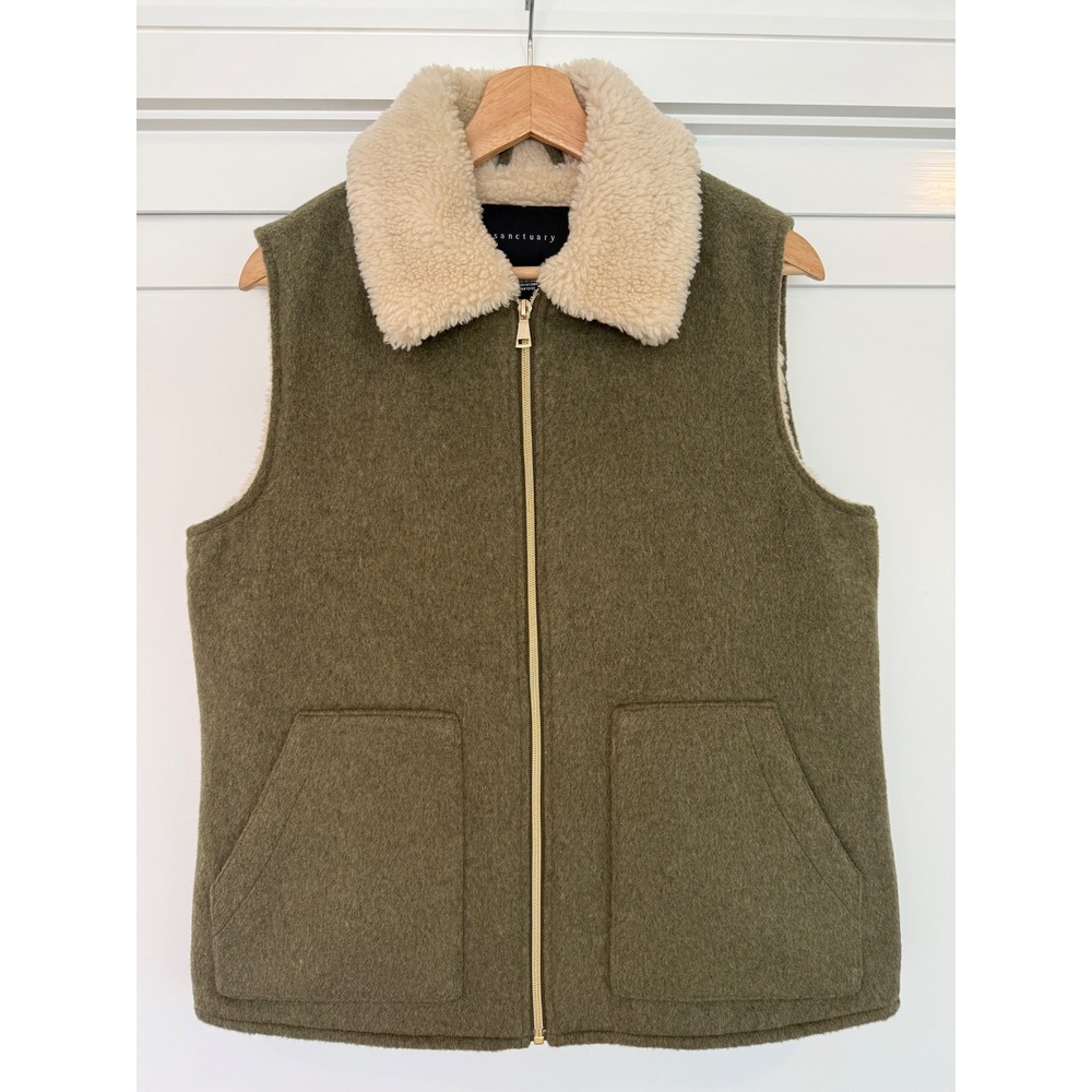 Sanctuary Women's Olive Green Faux Fur Lined Wool Blend Zip Up Vest -Small